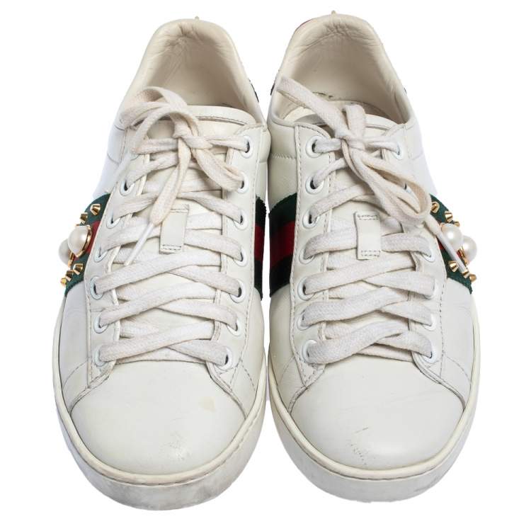 Pre Owned Gucci White Leather New Ace Web Pearl Embellished Low Top Sneakers Size 35