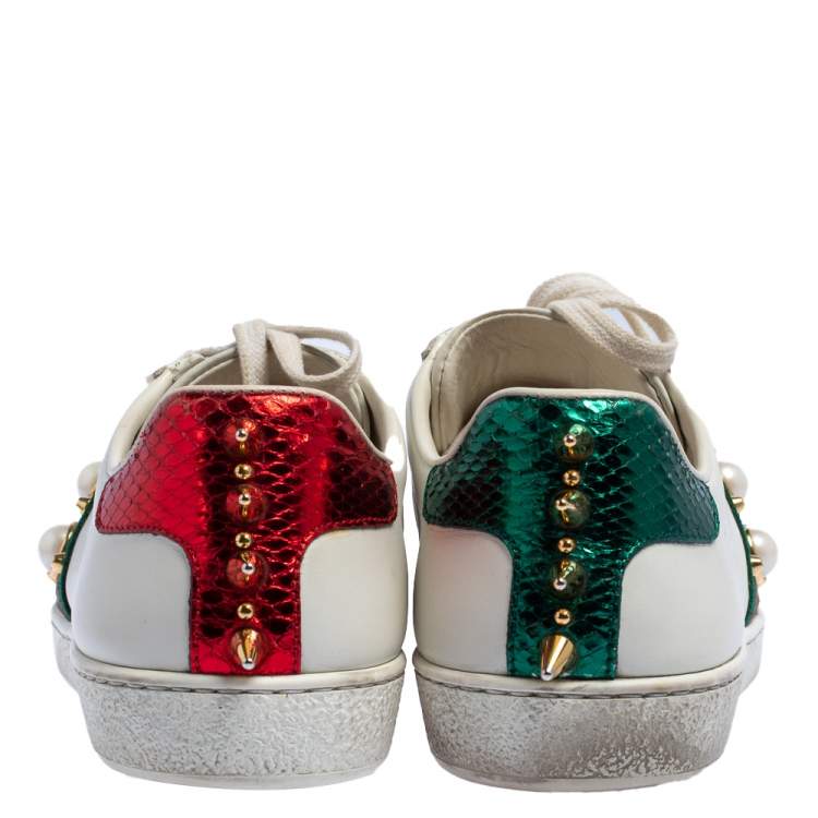 Pre Owned Gucci White Leather New Ace Web Pearl Embellished Low Top Sneakers Size 35