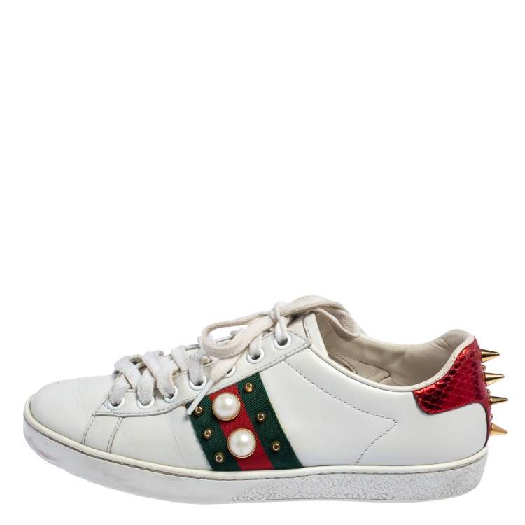 Pre Owned Gucci White Leather New Ace Web Pearl Embellished Low Top Sneakers Size 35