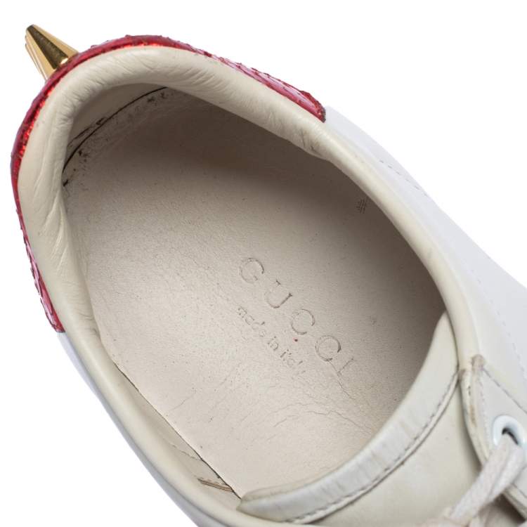 Pre Owned Gucci White Leather New Ace Web Pearl Embellished Low Top Sneakers Size 35