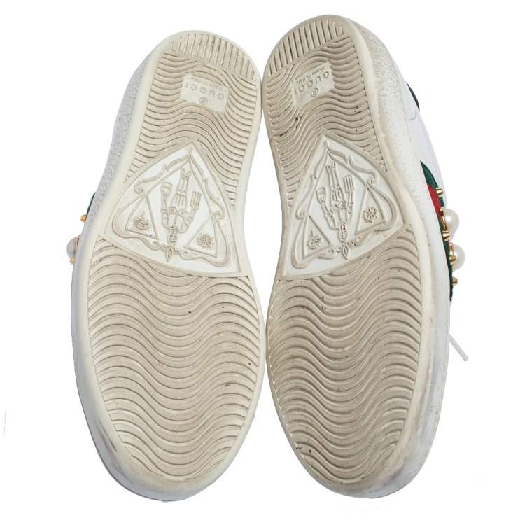 Pre Owned Gucci White Leather New Ace Web Pearl Embellished Low Top Sneakers Size 35