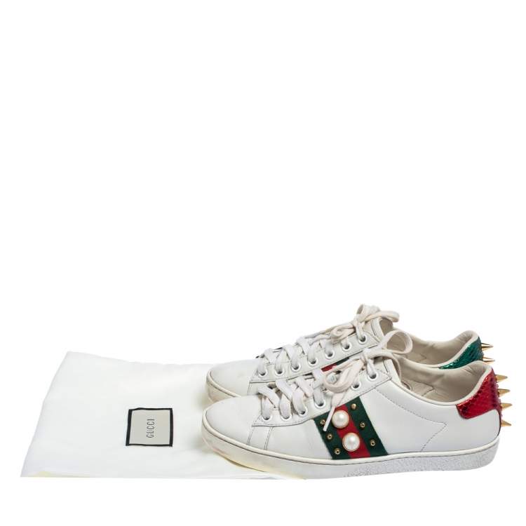 Pre Owned Gucci White Leather New Ace Web Pearl Embellished Low Top Sneakers Size 35