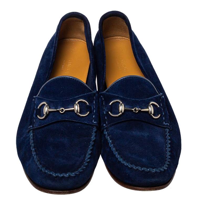 مملوكة مسبقًا Gucci Blue Suede Horsebit Slip On Loafers Size 39.5