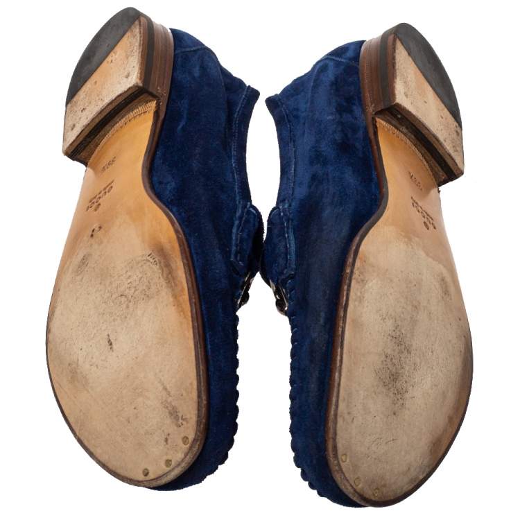 مملوكة مسبقًا Gucci Blue Suede Horsebit Slip On Loafers Size 39.5