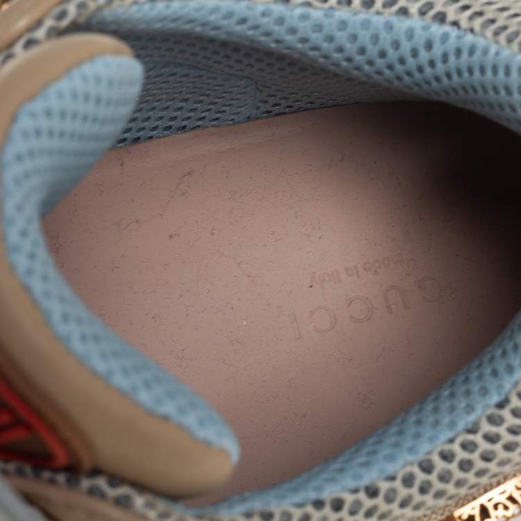Pre Owned Gucci Beige/Grey Leather And Mesh Flashtrek Removable Crystals Sneaker Size 39