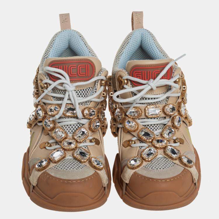 Pre Owned Gucci Beige/Grey Leather And Mesh Flashtrek Removable Crystals Sneaker Size 39