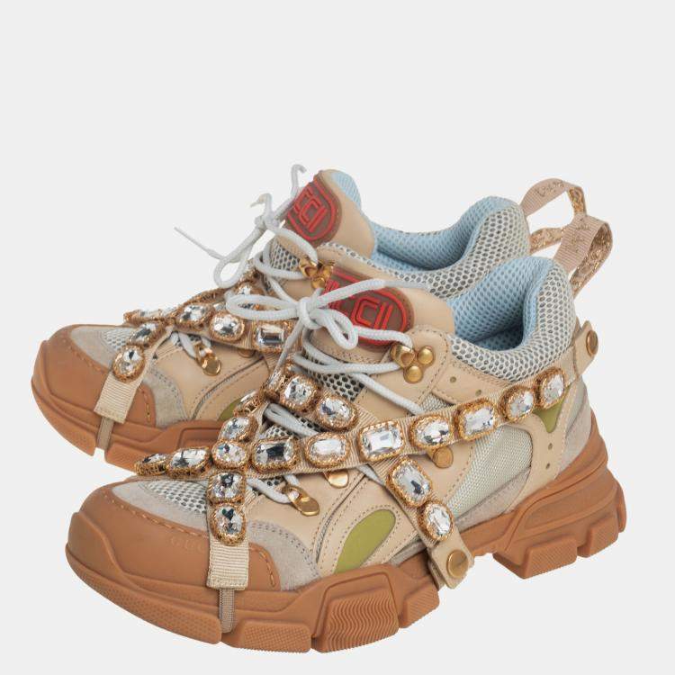Pre Owned Gucci Beige/Grey Leather And Mesh Flashtrek Removable Crystals Sneaker Size 39