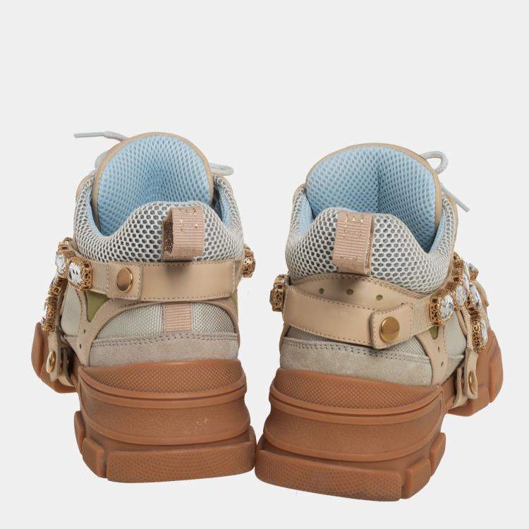 Pre Owned Gucci Beige/Grey Leather And Mesh Flashtrek Removable Crystals Sneaker Size 39