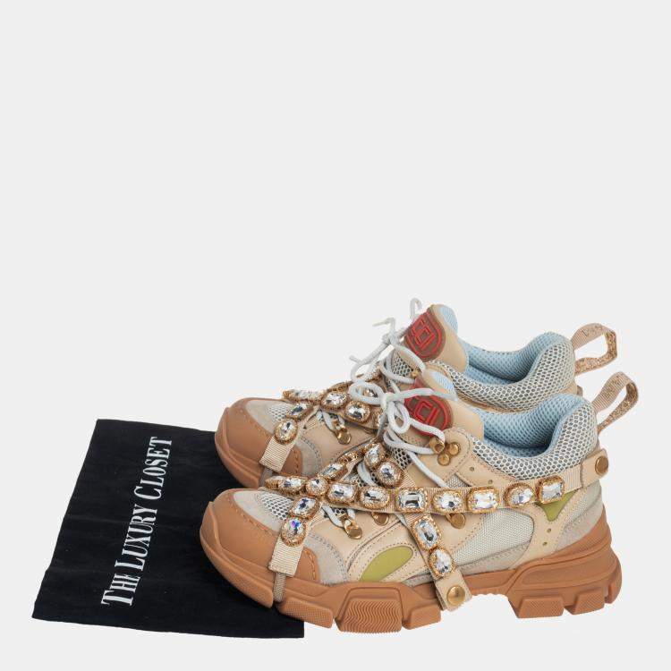 Pre Owned Gucci Beige/Grey Leather And Mesh Flashtrek Removable Crystals Sneaker Size 39