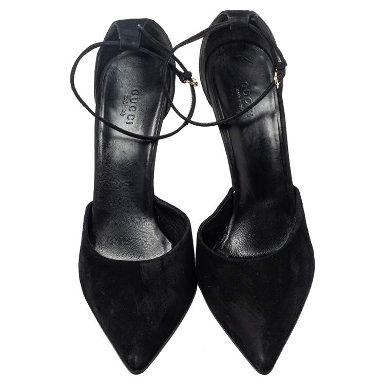 Pre Owned Gucci Black Suede Crystal Embellished Heel Ankle Strap Sandals Size 41