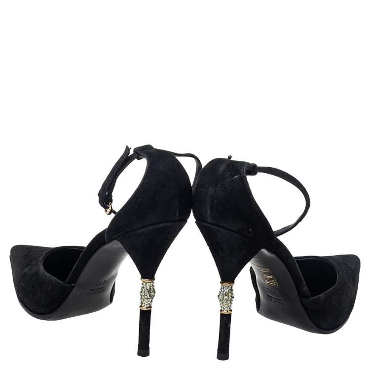Pre Owned Gucci Black Suede Crystal Embellished Heel Ankle Strap Sandals Size 41