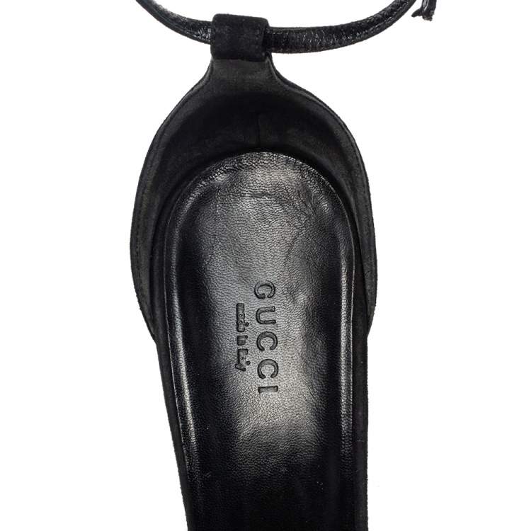 Pre Owned Gucci Black Suede Crystal Embellished Heel Ankle Strap Sandals Size 41