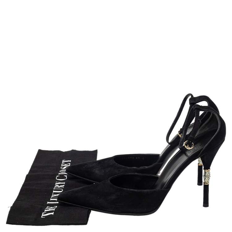 Pre Owned Gucci Black Suede Crystal Embellished Heel Ankle Strap Sandals Size 41