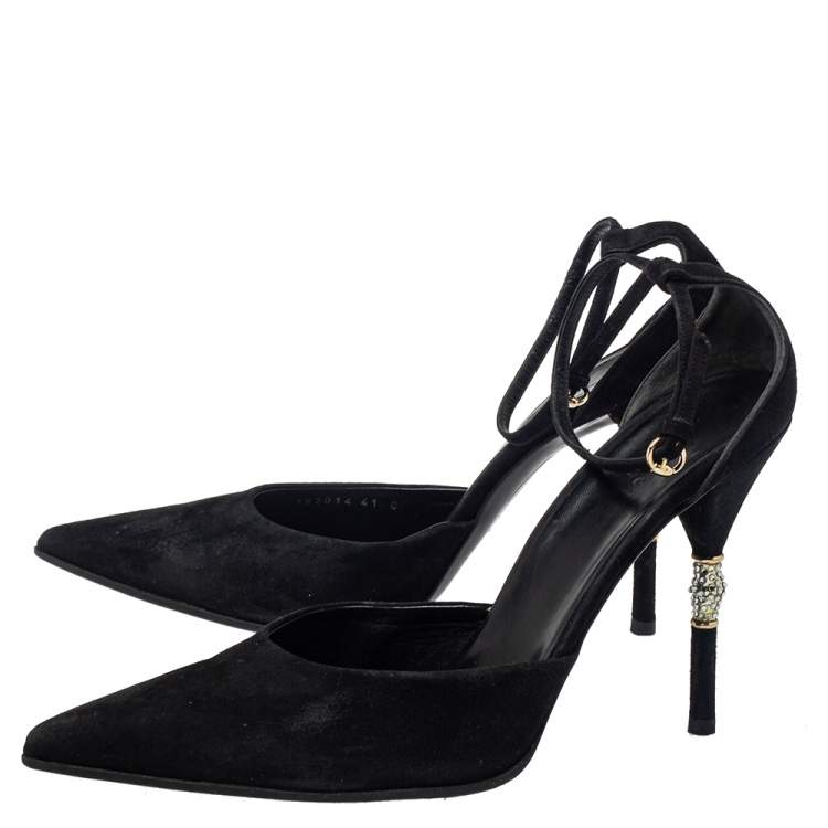Pre Owned Gucci Black Suede Crystal Embellished Heel Ankle Strap Sandals Size 41