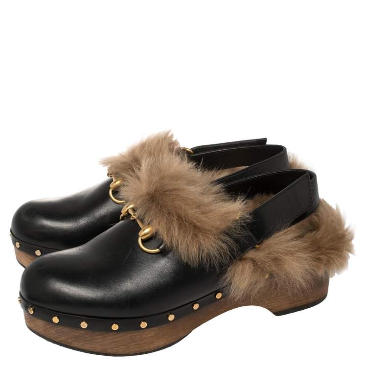 Pre Owned Gucci Black Leather Amstel Fur Slingback Clogs Size 38