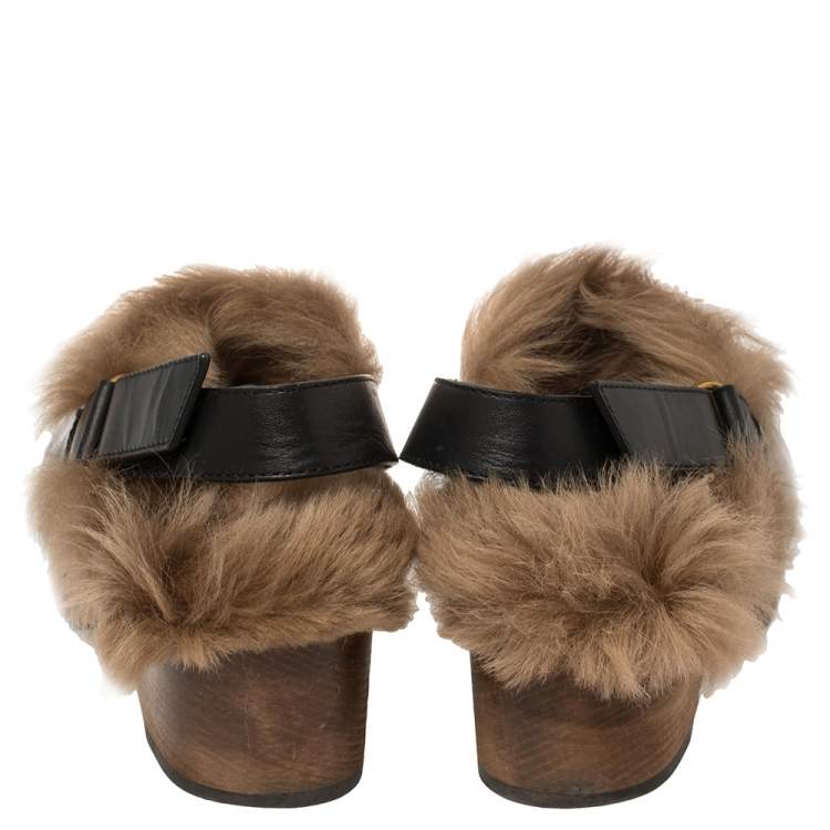 Pre Owned Gucci Black Leather Amstel Fur Slingback Clogs Size 38