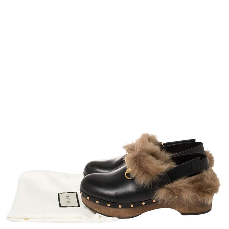 Pre Owned Gucci Black Leather Amstel Fur Slingback Clogs Size 38
