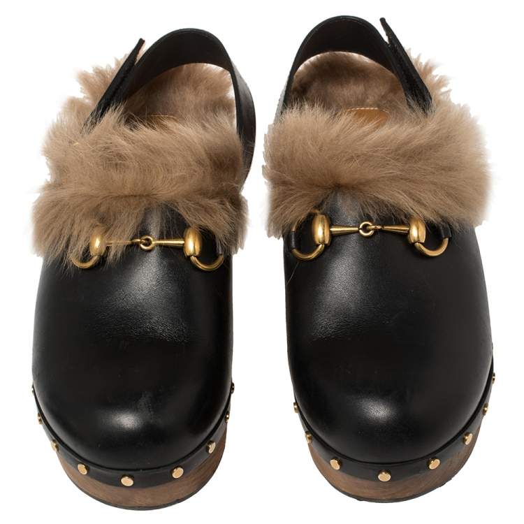 Pre Owned Gucci Black Leather Amstel Fur Slingback Clogs Size 38