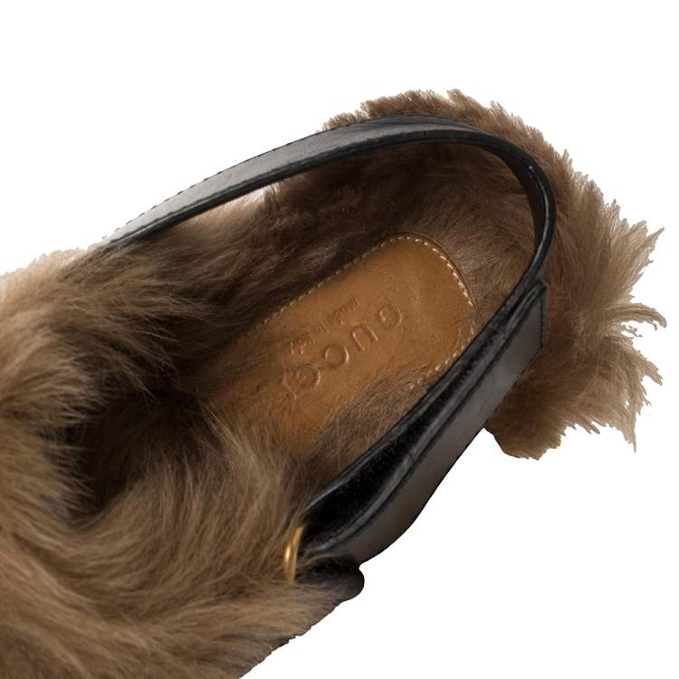 Pre Owned Gucci Black Leather Amstel Fur Slingback Clogs Size 38