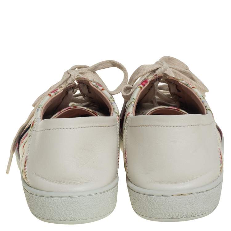 Pre Owned Gucci Cream/White Rose Print Canvas And Leather Ace Sneakers Size 40.5