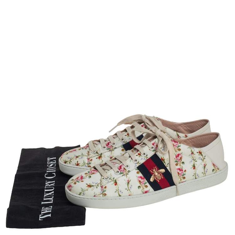 Pre Owned Gucci Cream/White Rose Print Canvas And Leather Ace Sneakers Size 40.5