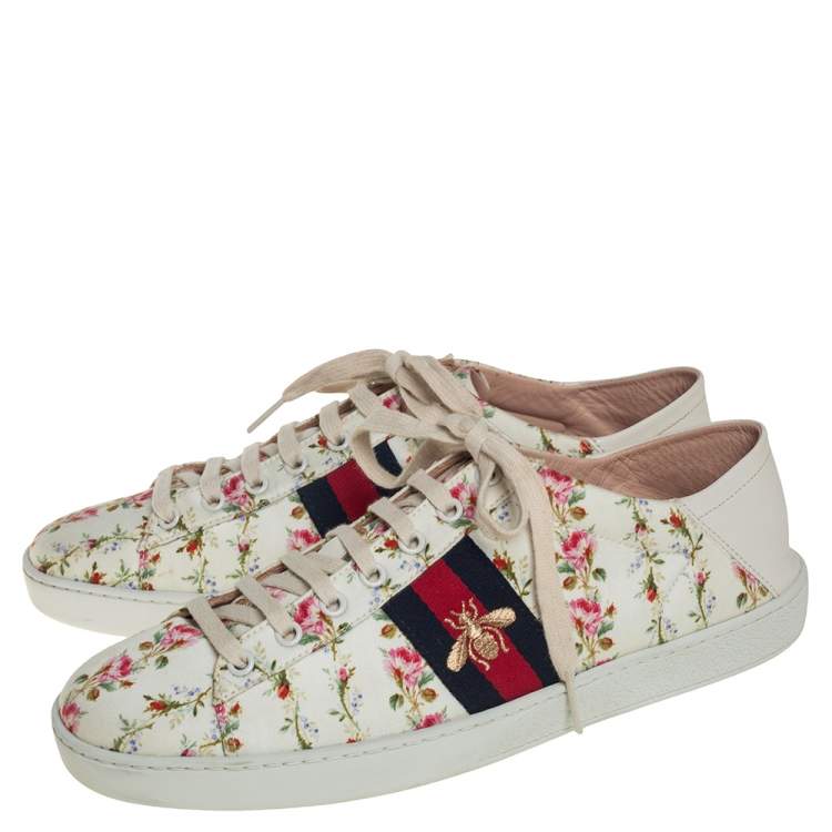 Pre Owned Gucci Cream/White Rose Print Canvas And Leather Ace Sneakers Size 40.5