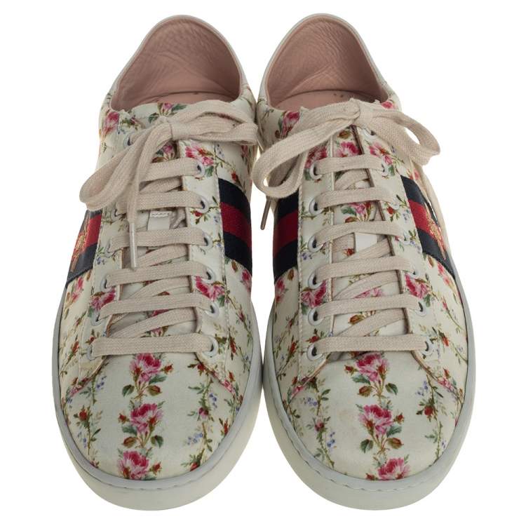 Pre Owned Gucci Cream/White Rose Print Canvas And Leather Ace Sneakers Size 40.5