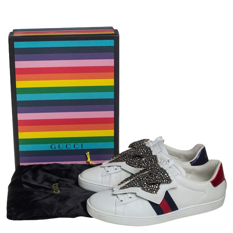 Pre Owned Gucci White Leather Ace Beaded Bow Low Top Sneakers Size 39