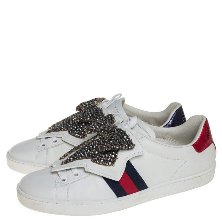 Pre Owned Gucci White Leather Ace Beaded Bow Low Top Sneakers Size 39