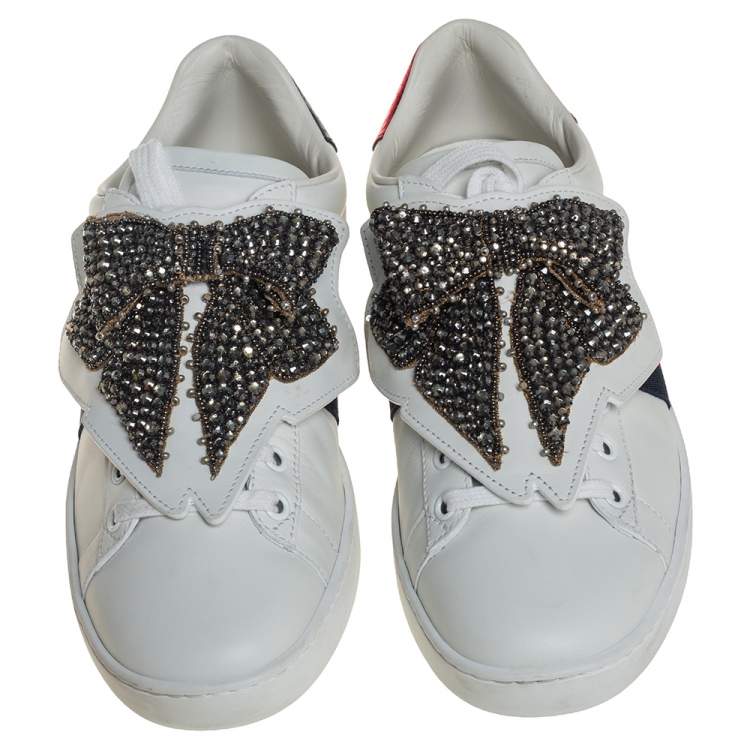 Pre Owned Gucci White Leather Ace Beaded Bow Low Top Sneakers Size 39