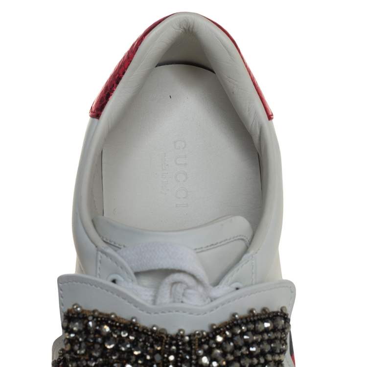 Pre Owned Gucci White Leather Ace Beaded Bow Low Top Sneakers Size 39
