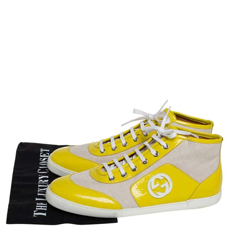 Pre Owned Gucci Yellow/White Canvas and Patent Leather High Top Sneakers Size 41