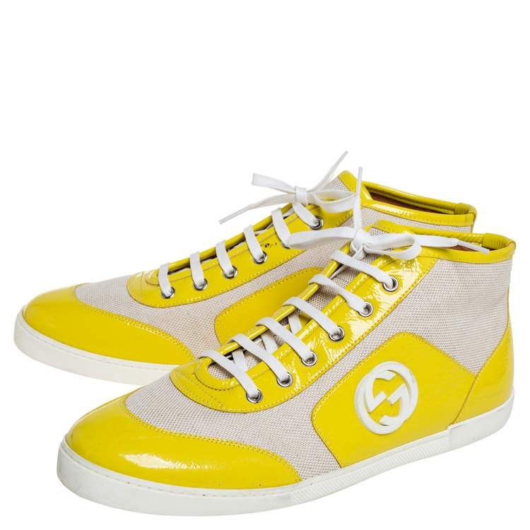 Pre Owned Gucci Yellow/White Canvas and Patent Leather High Top Sneakers Size 41