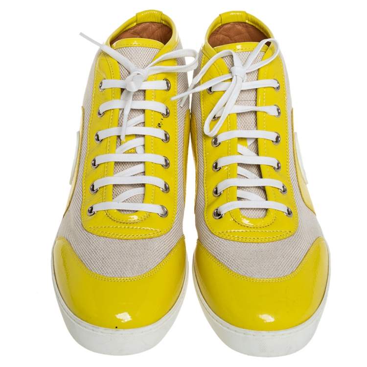 Pre Owned Gucci Yellow/White Canvas and Patent Leather High Top Sneakers Size 41