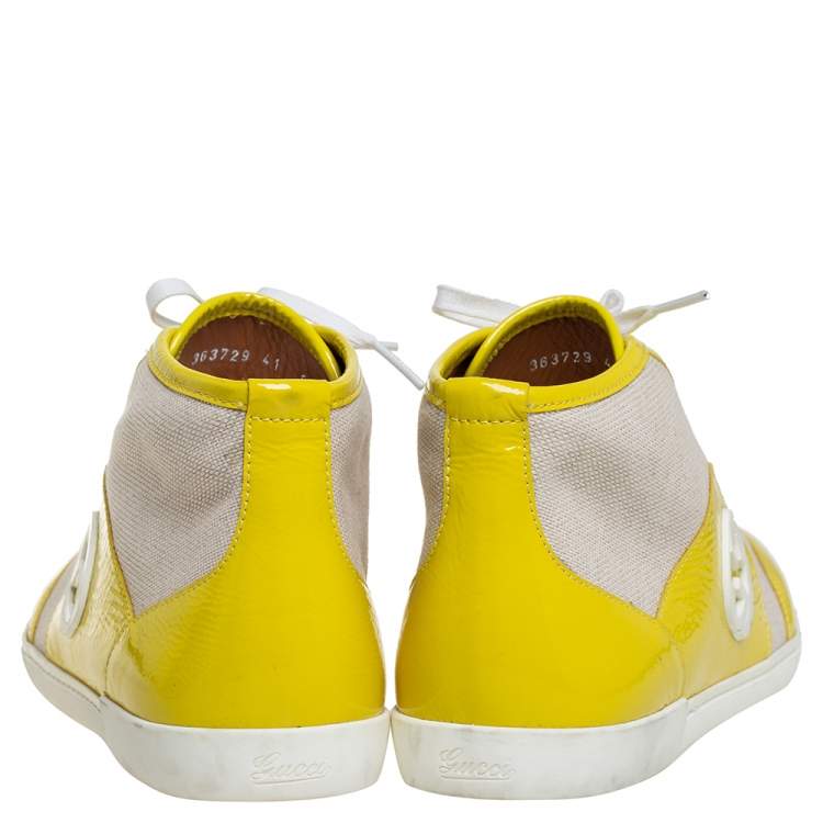 Pre Owned Gucci Yellow/White Canvas and Patent Leather High Top Sneakers Size 41