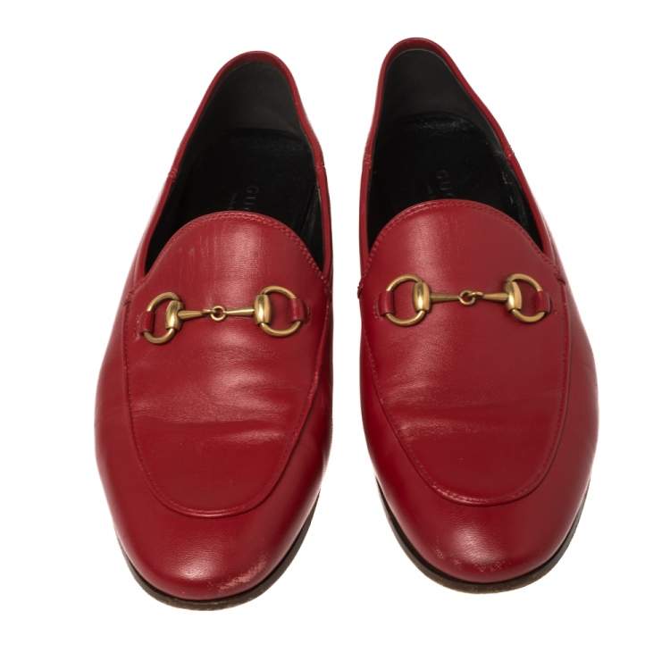 Pre Owned Gucci Red Leather Foldable Slim Horsebit Loafers Size 37