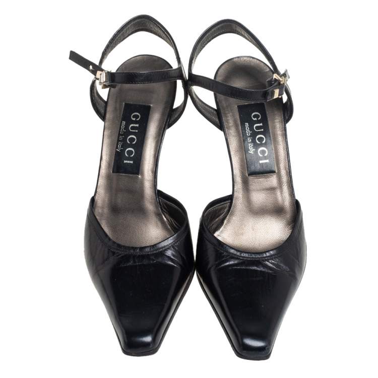 مملوكة مسبقًا Gucci Black Leather Pointed Toe Ankle Strap Pumps Size 36.5