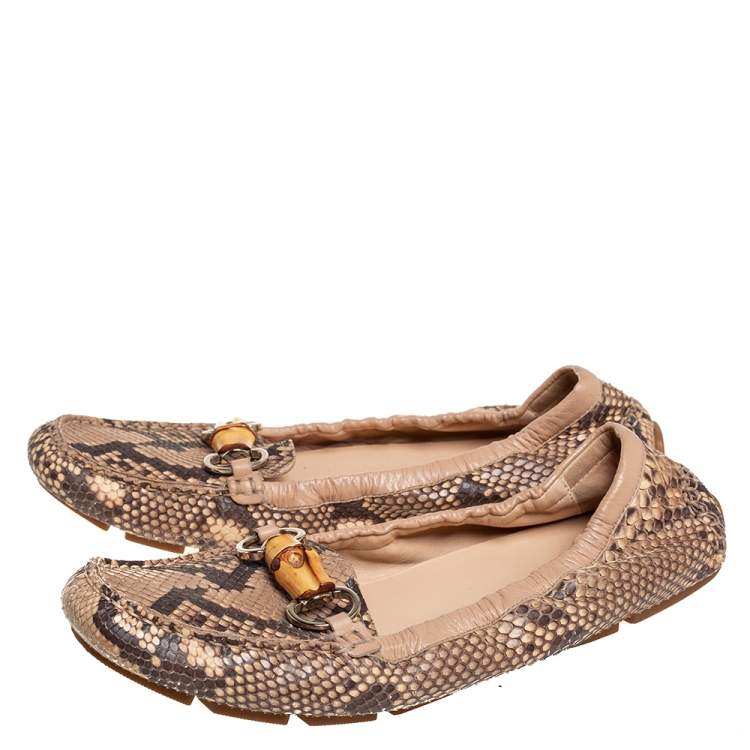 Pre Owned Gucci Beige Python Leather Bamboo  Loafers Size 39.5
