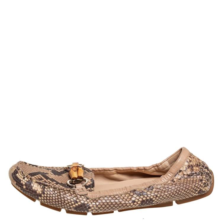 Pre Owned Gucci Beige Python Leather Bamboo  Loafers Size 39.5