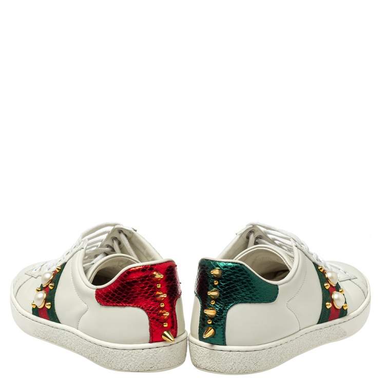 Pre Owned Gucci White Leather And Canvas Ace Sneakers Size 36
