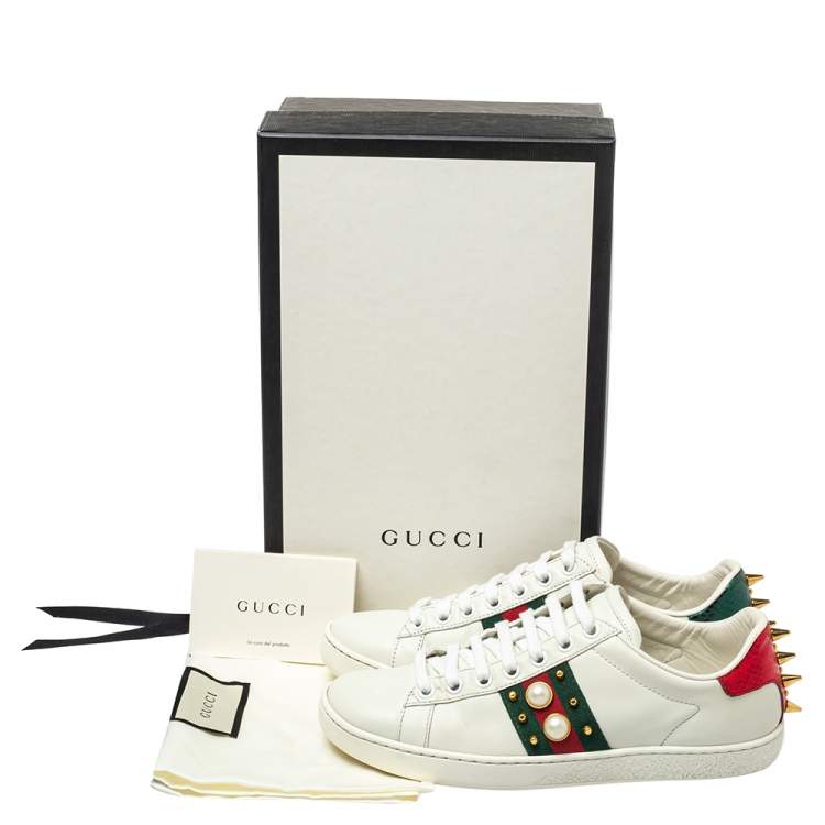 Pre Owned Gucci White Leather And Canvas Ace Sneakers Size 36