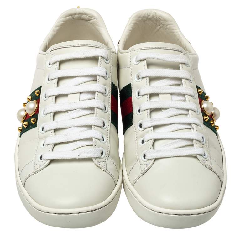 Pre Owned Gucci White Leather And Canvas Ace Sneakers Size 36