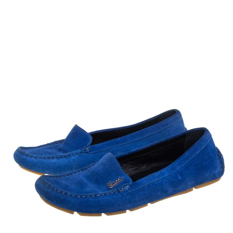 Pre Owned Gucci Blue Suede Slip On  Loafers Size 37