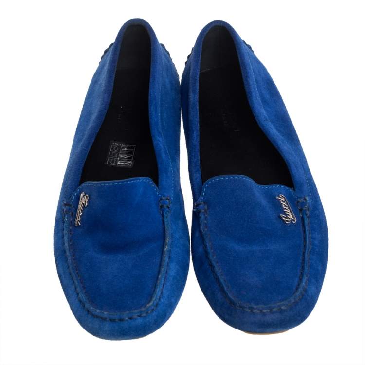 Pre Owned Gucci Blue Suede Slip On  Loafers Size 37