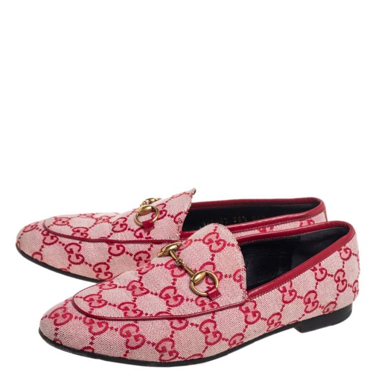 Pre Owned Gucci Red GG Canvas Jordaan Horsebit Slip On Loafers Size 36.5