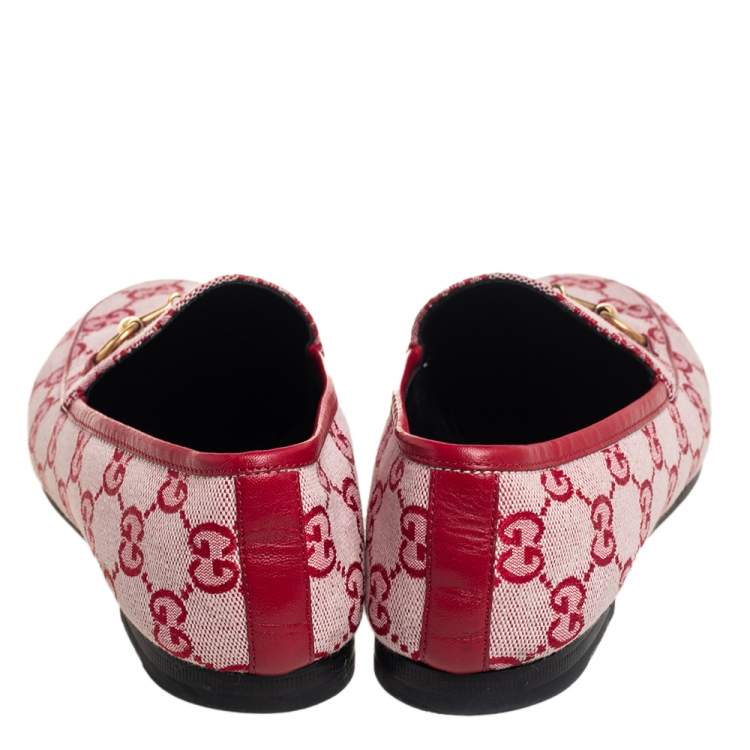 Pre Owned Gucci Red GG Canvas Jordaan Horsebit Slip On Loafers Size 36.5