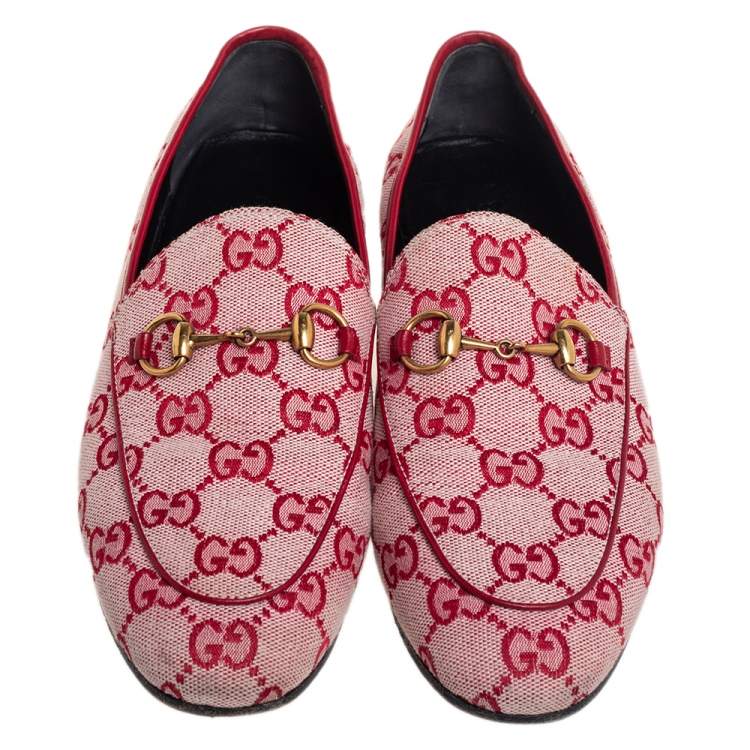 Pre Owned Gucci Red GG Canvas Jordaan Horsebit Slip On Loafers Size 36.5