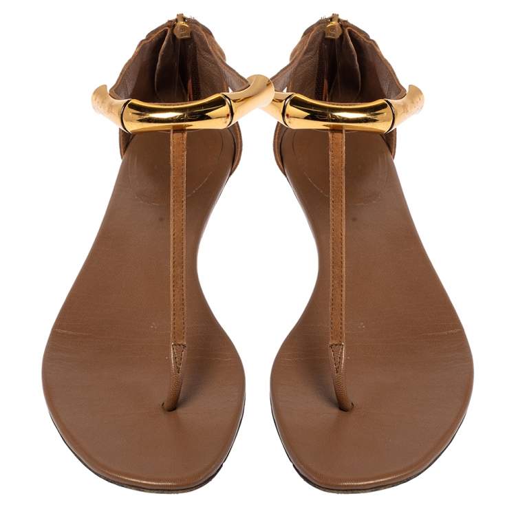 Pre Owned Gucci Brown Suede Thong  Ankle Strap Sandals Size 37