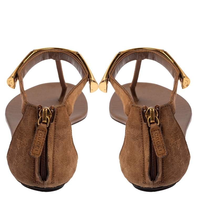 Pre Owned Gucci Brown Suede Thong  Ankle Strap Sandals Size 37