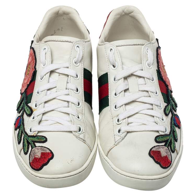 Pre Owned Gucci White Leather Ace Web Low Top Sneakers Size 35.5